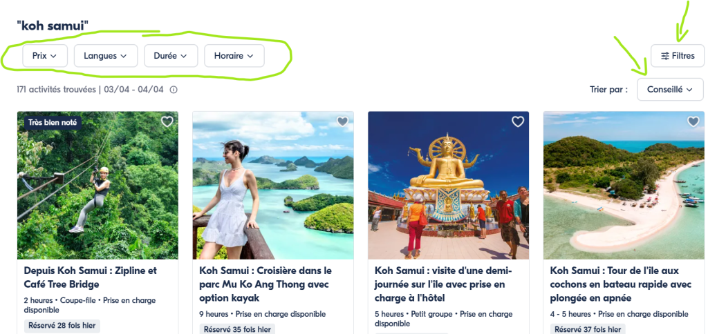 GetYourGuide - Exemple de filtres