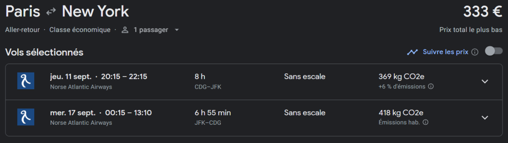 Capture d'écran Google Flights montrant un vol pas cher pour New York depuis Paris CDG