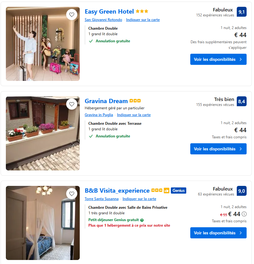 Capture d'écran Booking montrant des hébergements pas chers dans les Pouilles