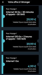 Capture d’écran des options Sosh Pass Voyage montrant les forfaits internet disponibles à l’étranger.